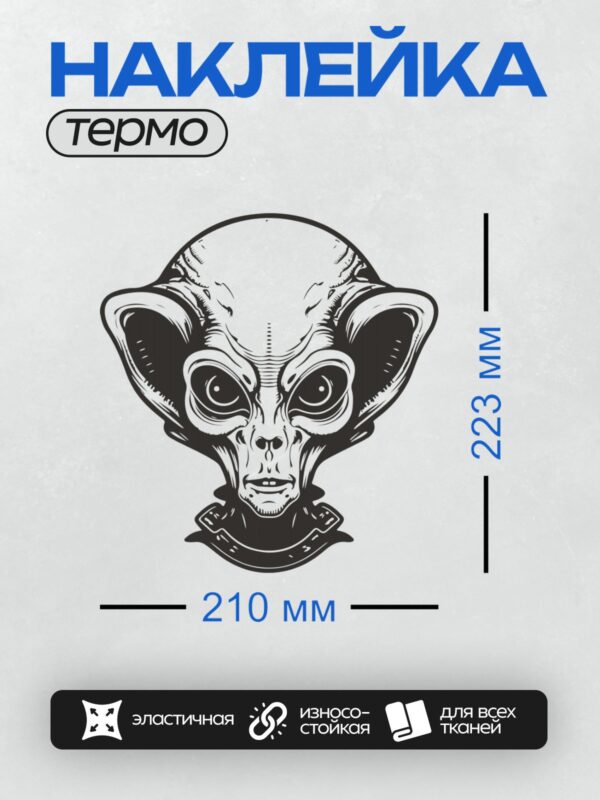 Термонаклейка на одежду DTF / Стилизованная голова инопланетянина с большими глазами.
