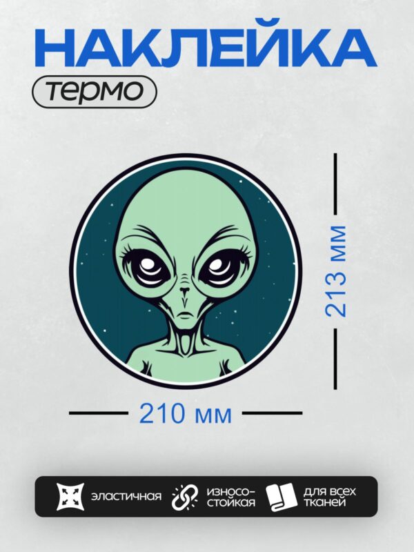 Термонаклейка на одежду DTF / Зеленый инопланетянин с большими глазами и длинными ресницами.