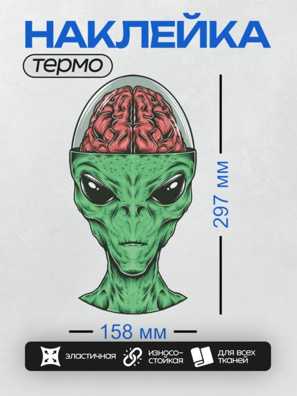 Термонаклейка на одежду DTF / Голова инопланетянина с прозрачным черепом и крупным мозгом.