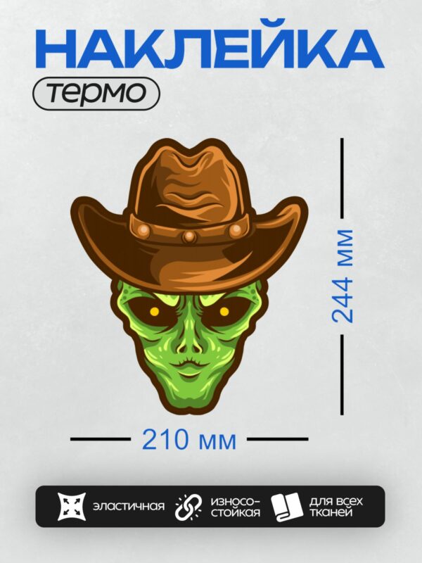 Термонаклейка на одежду DTF / Зеленый инопланетянин в ковбойской шляпе.