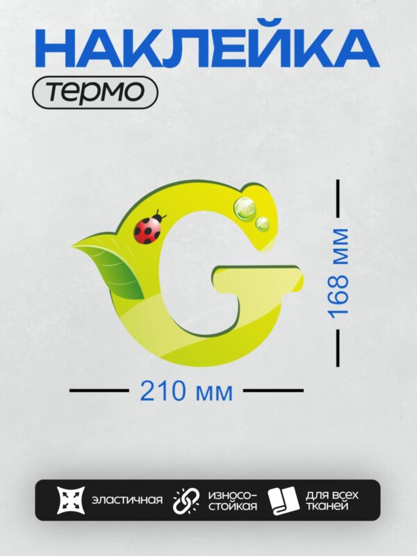 Термонаклейка на одежду DTF / Зелёная буква "G" с божьей коровкой и каплями воды.