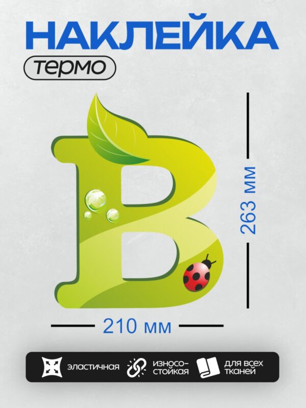 Термонаклейка на одежду DTF / Зеленая буква "B" с листом, каплями воды и божьей коровкой.