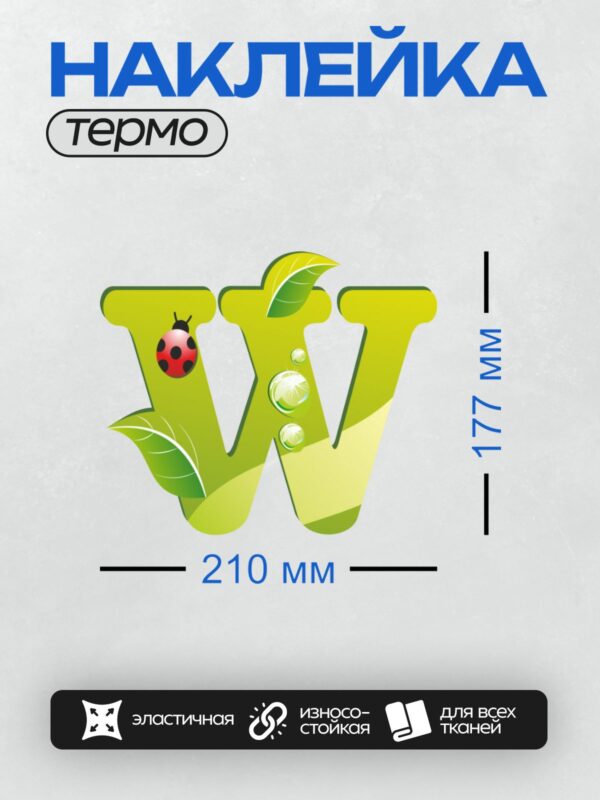 Термонаклейка на одежду DTF / Желтая буква "W" с божьей коровкой и листьями.