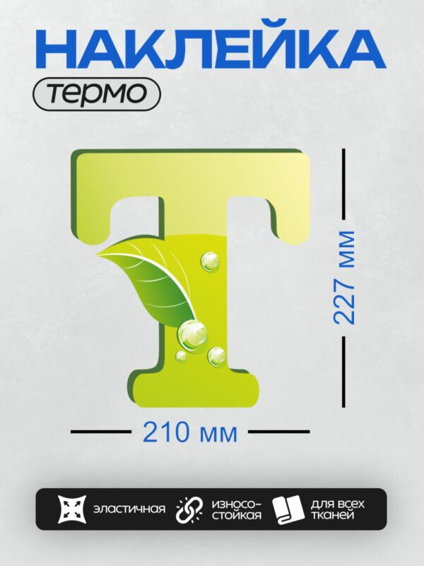 Термонаклейка на одежду DTF / Зеленая буква "E", лист, капли воды, божья коровка.