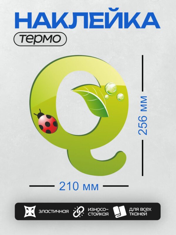 Термонаклейка на одежду DTF / Зеленая буква "Q" с листом, божьей коровкой и каплями воды.