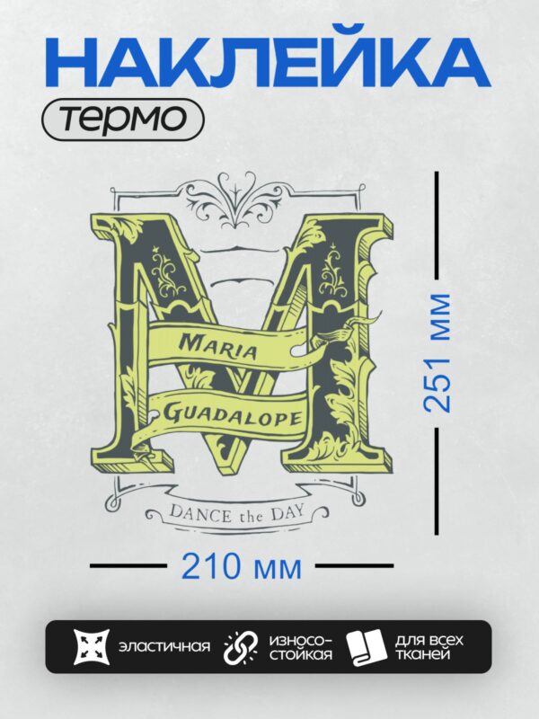 Термонаклейка на одежду DTF / Стилизованная буква "М", вензеля, надпись "Dance the Day".