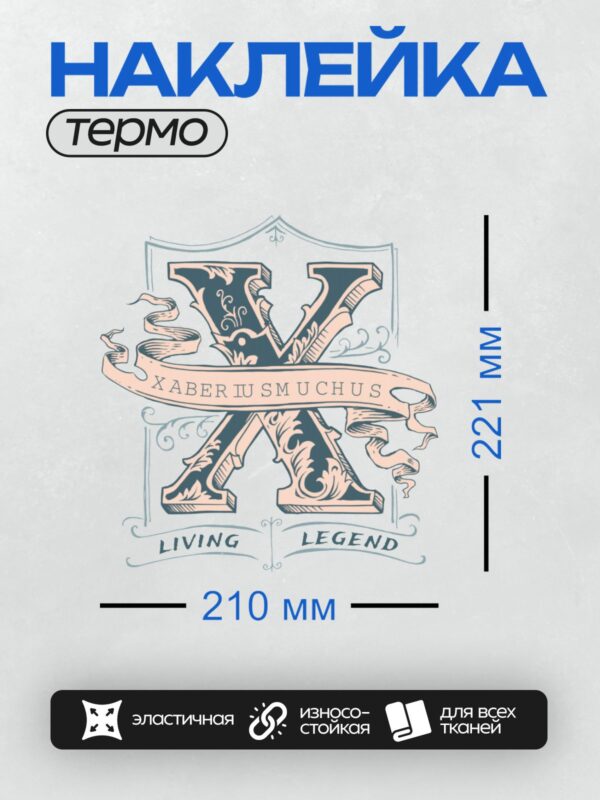 Термонаклейка на одежду DTF / Стилизованная буква "X" с орнаментом и надписью "Xaberius Muchus Living Legend".