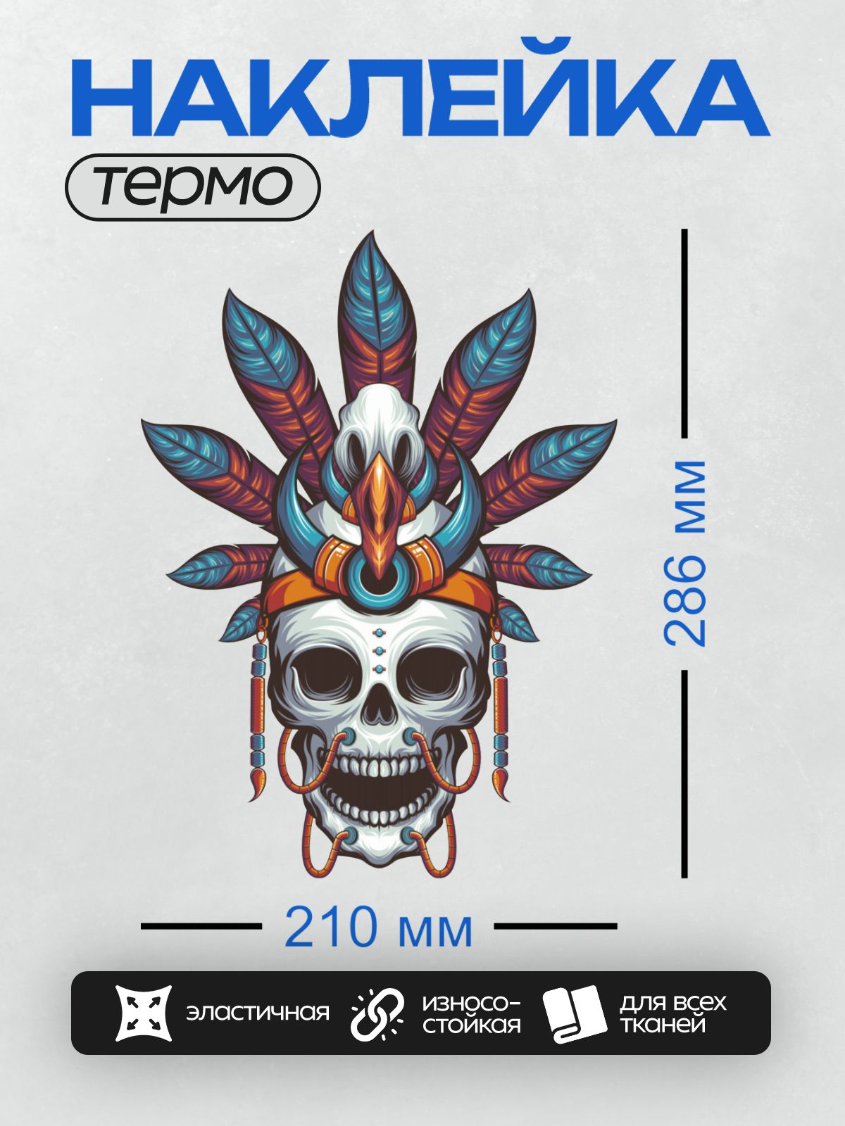 Термонаклейка на одежду DTF / Череп в головном уборе с перьями и элементами птиц.