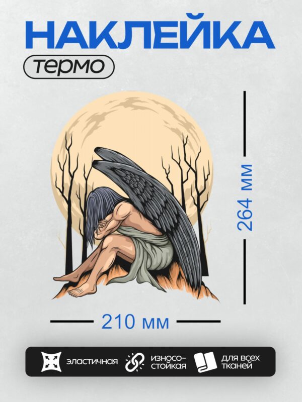 Термонаклейка на одежду DTF / Падший ангел с черными крыльями в лесу при луне.