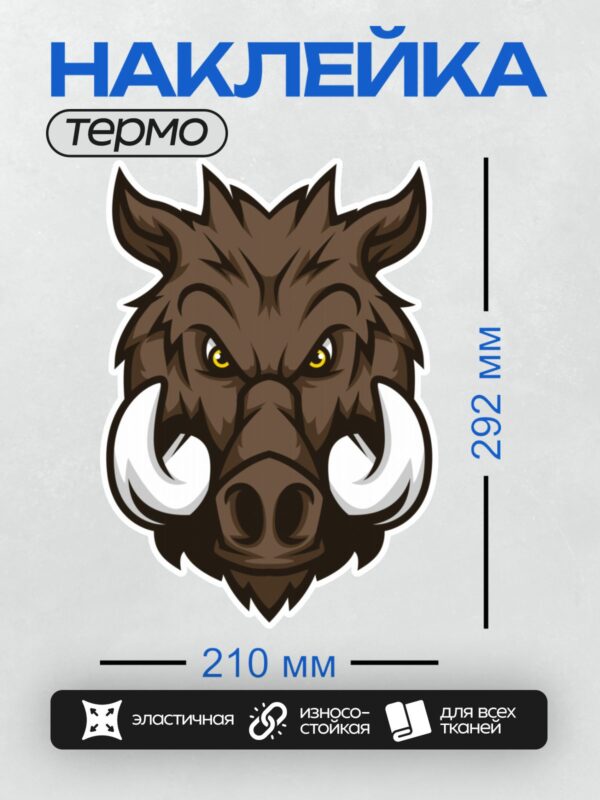 Термонаклейка на одежду DTF / Стилизованная голова кабана с яркими глазами и клыками.