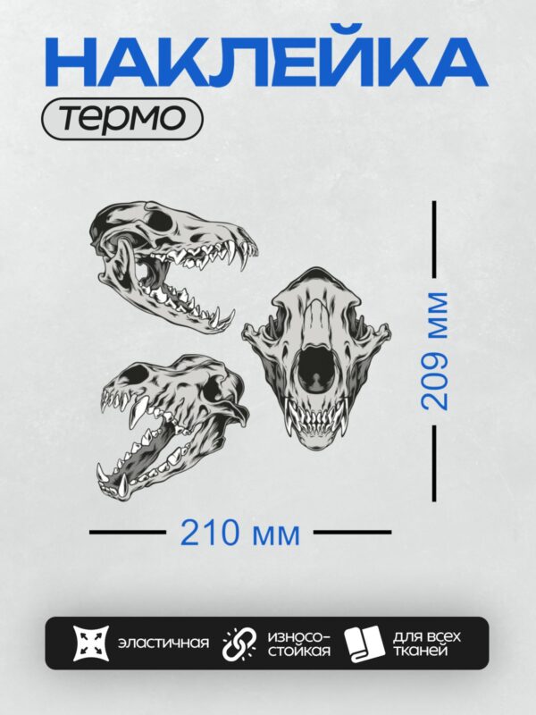 Термонаклейка на одежду DTF / Детализированные рисунки черепа волка в разных ракурсах.