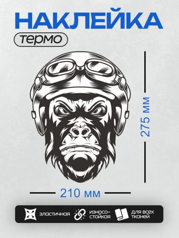 Термонаклейка на одежду DTF / Стилизованная голова гориллы в шлеме и очках.