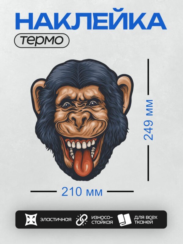 Термонаклейка на одежду DTF / Голова шимпанзе с широкой улыбкой и высунутым языком.
