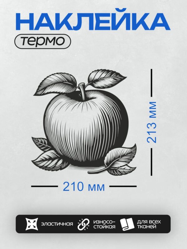 Термонаклейка на одежду DTF / Черно-белое яблоко с листьями, стилизованный рисунок.