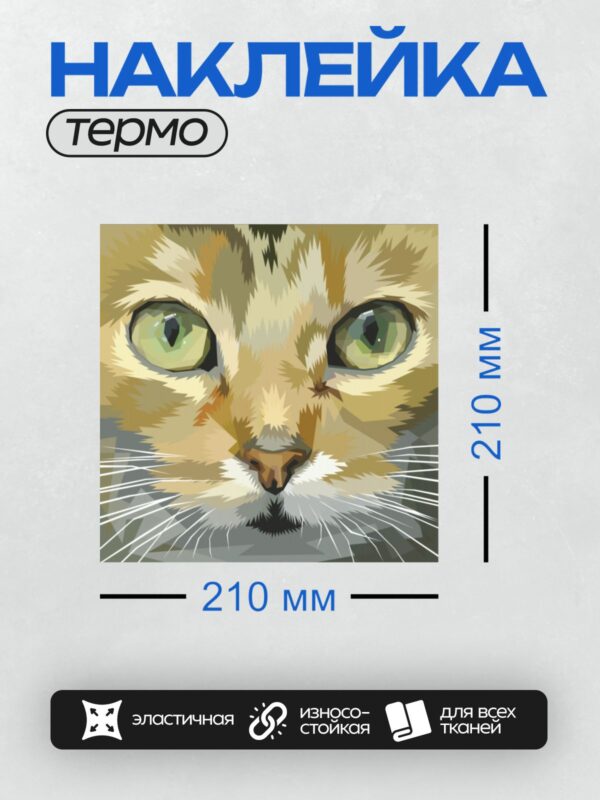 Термонаклейка на одежду DTF / На изображении показано лицо кошки с большими зелёными глазами, выполненное в стиле геометрической абстракции.