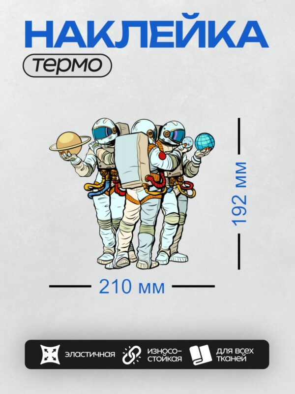 Термонаклейка на одежду DTF / Космонавты держат планеты: Сатурн, Землю и Луну.