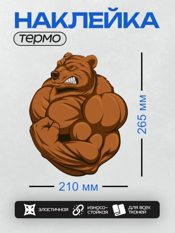 Термонаклейка на одежду DTF / Мускулистый медведь с напряжённым выражением лица.