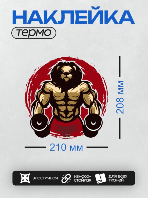 Термонаклейка на одежду DTF / Мускулистый лев с гантелями на красном фоне.