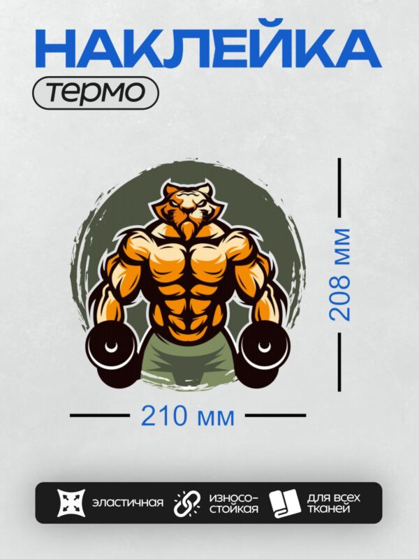 Термонаклейка на одежду DTF / Мускулистый тигр с гантелями, стилизованный рисунок.