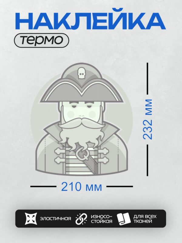 Термонаклейка на одежду DTF / Пират с бородой, треуголкой и черепом на шляпе.