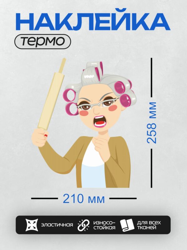 Термонаклейка на одежду DTF / Бабушка с бигуди и скалкой в мультяшном стиле.