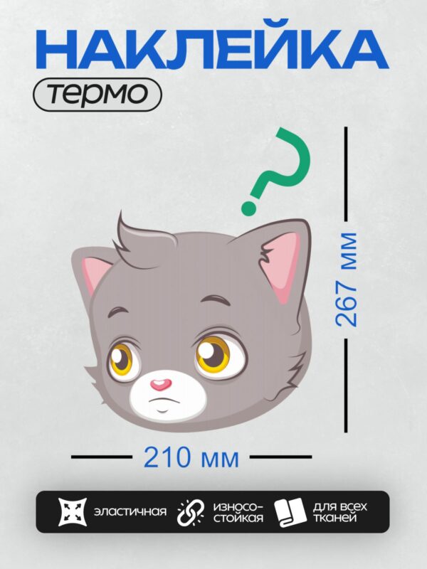 Термонаклейка на одежду DTF / Серый мультяшный кот с зелёным вопросительным знаком.
