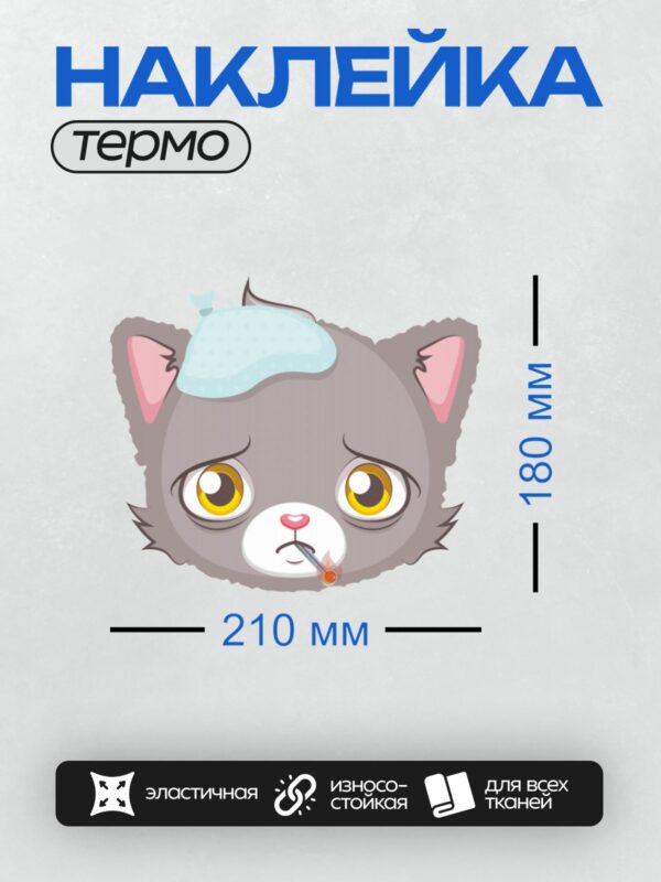 Термонаклейка на одежду DTF / Грустный мультяшный кот с термометром и льдом.