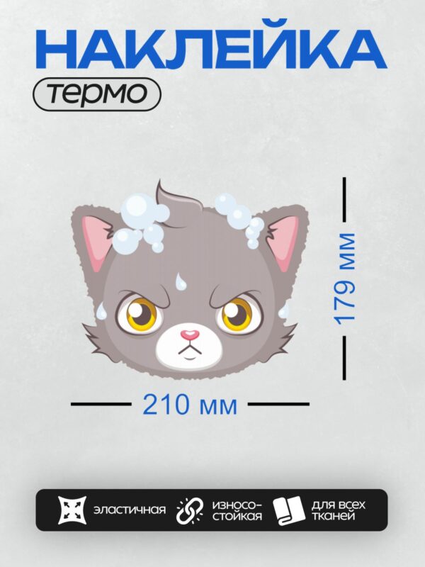 Термонаклейка на одежду DTF / Серый мультяшный кот с пеной и сердитым взглядом.