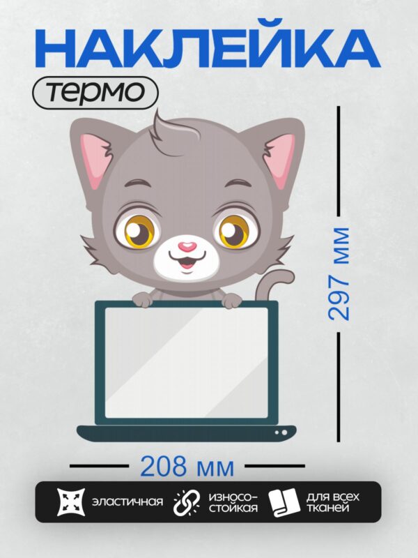 Термонаклейка на одежду DTF / Серый котёнок с большими жёлтыми глазами за ноутбуком.