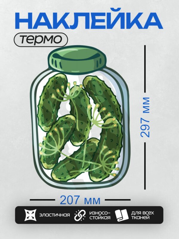 Термонаклейка на одежду DTF / Мультяшная банка с солеными огурцами и укропом.