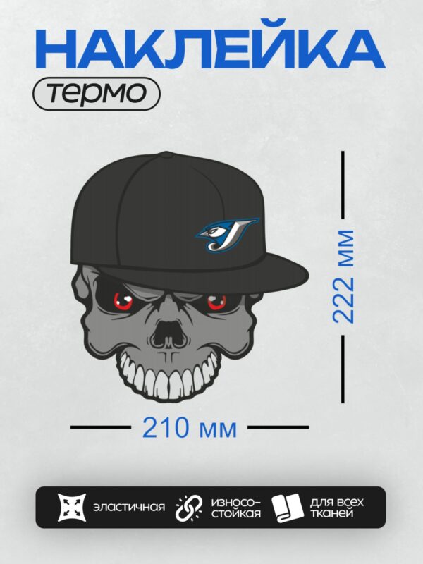 Термонаклейка на одежду DTF / Серый череп в черной кепке с синим логотипом.