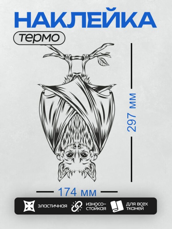 Термонаклейка на одежду DTF / Летучая мышь, висящая вниз головой, с ветками.