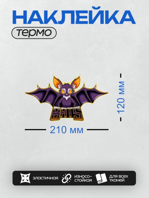 Термонаклейка на одежду DTF / Мультяшная летучая мышь с надписью "BATS".
