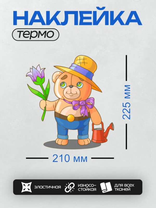 Термонаклейка на одежду DTF / Медвежонок в шляпе с цветком и лейкой.