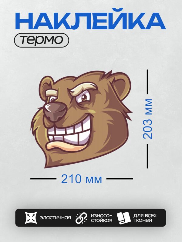 Термонаклейка на одежду DTF / Мультяшный медведь с широкой улыбкой и прищуренными глазами.