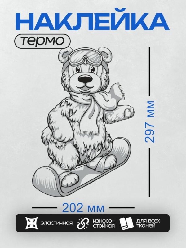 Термонаклейка на одежду DTF / Медвежонок в очках на лыжах, зимний спорт.