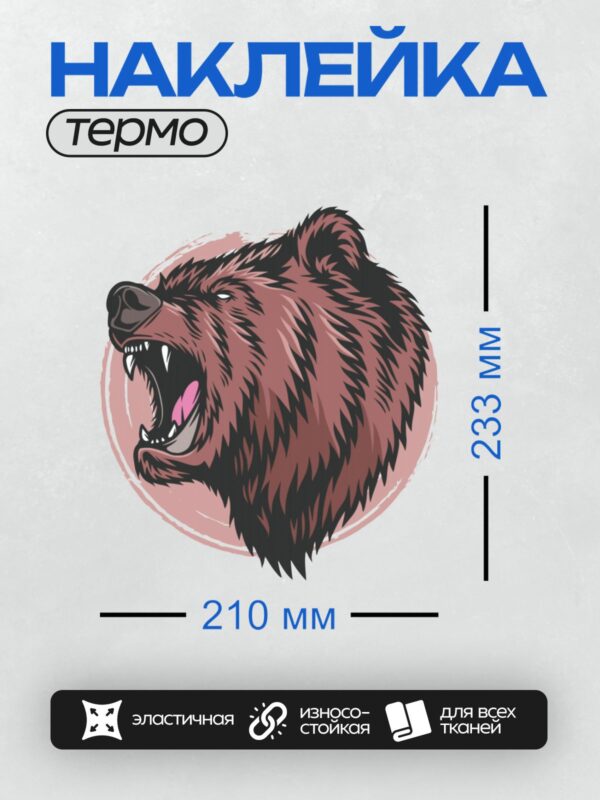 Термонаклейка на одежду DTF / Рычащий медведь с открытой пастью, стилизованный рисунок.