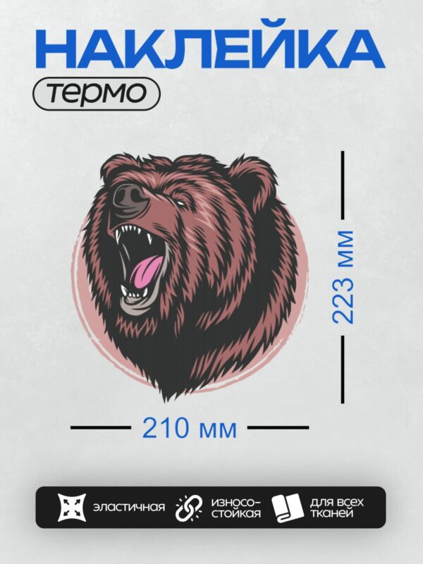 Термонаклейка на одежду DTF / Рычащий медведь с открытой пастью, стилизованный рисунок.