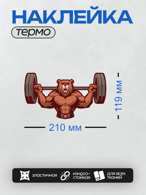 Термонаклейка на одежду DTF / Мускулистый медведь поднимает штангу в спортивной позе.