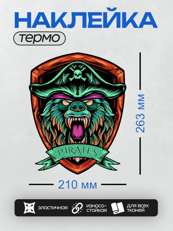 Термонаклейка на одежду DTF / Пиратский медведь в шляпе с черепом и костями.