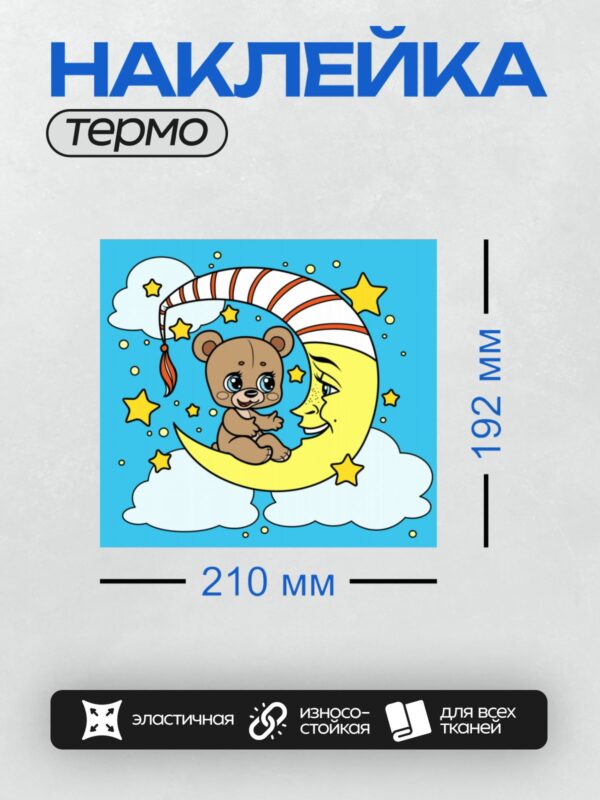 Термонаклейка на одежду DTF / Медвежонок сидит на Луне среди звезд и облаков.