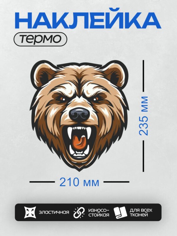 Термонаклейка на одежду DTF / Стилизованная голова медведя с открытой пастью.