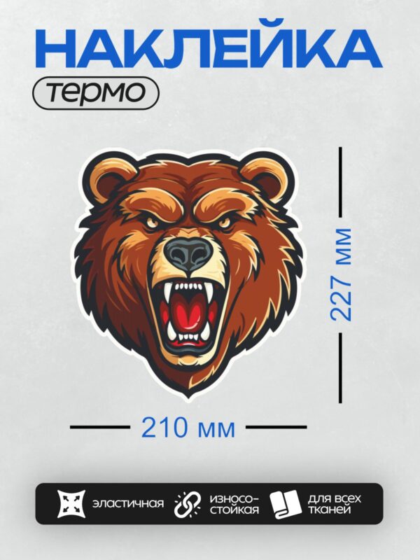 Термонаклейка на одежду DTF / Стилизованная голова медведя с оскалом и рыком.