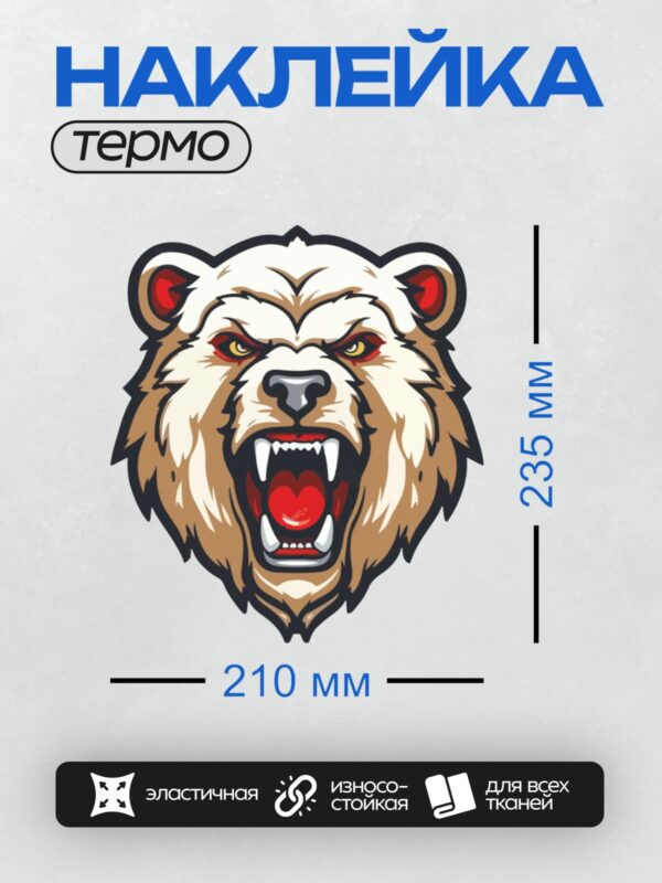 Термонаклейка на одежду DTF / Стилизованная голова медведя с агрессивным выражением.