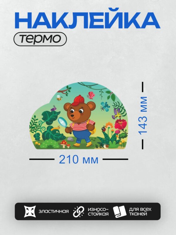 Термонаклейка на одежду DTF / Медвежонок в красной кепке с лупой в лесу.