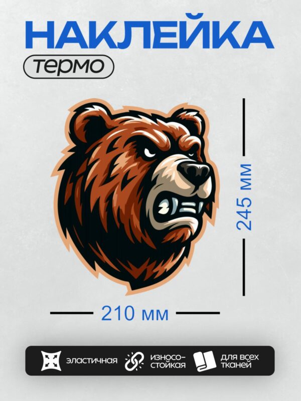 Термонаклейка на одежду DTF / Стилизованная голова медведя с агрессивным выражением.