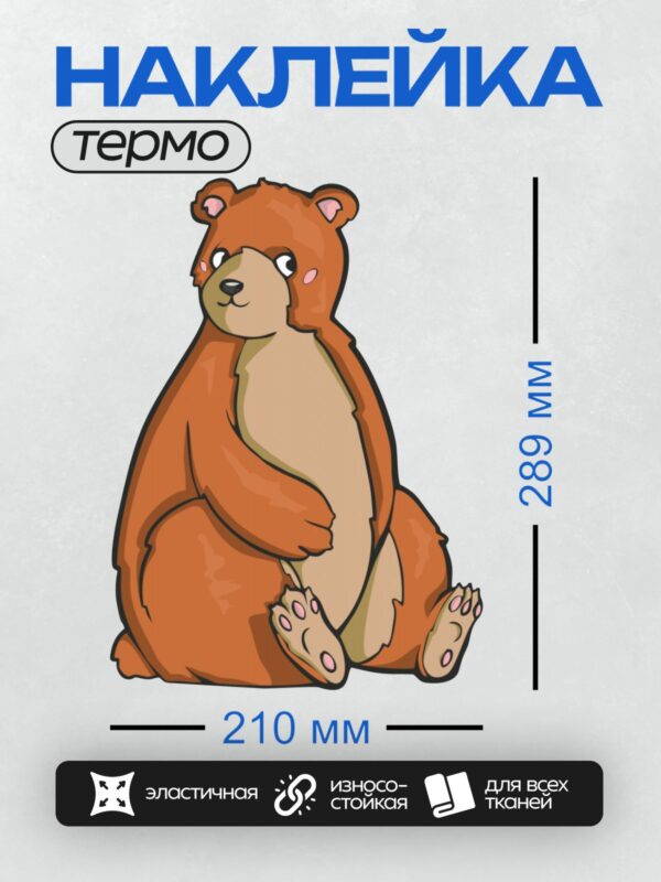 Термонаклейка на одежду DTF / Мультяшный медведь сидит с довольным видом.