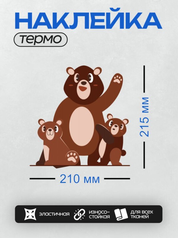 Термонаклейка на одежду DTF / Мультяшная семья медведей: мама и два медвежонка.