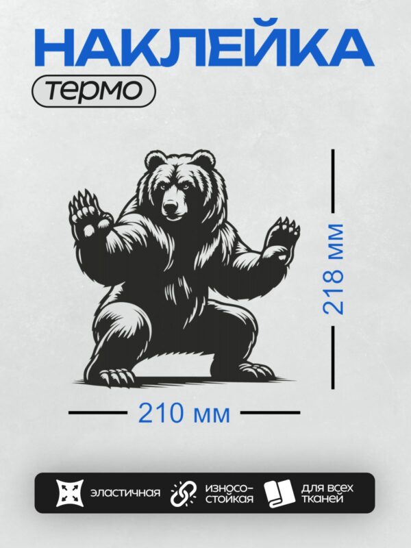Термонаклейка на одежду DTF / Черно-белый медведь в агрессивной позе.