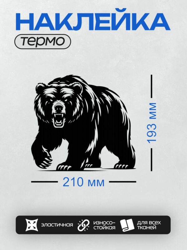 Термонаклейка на одежду DTF / Черно-белый медведь с агрессивным оскалом.